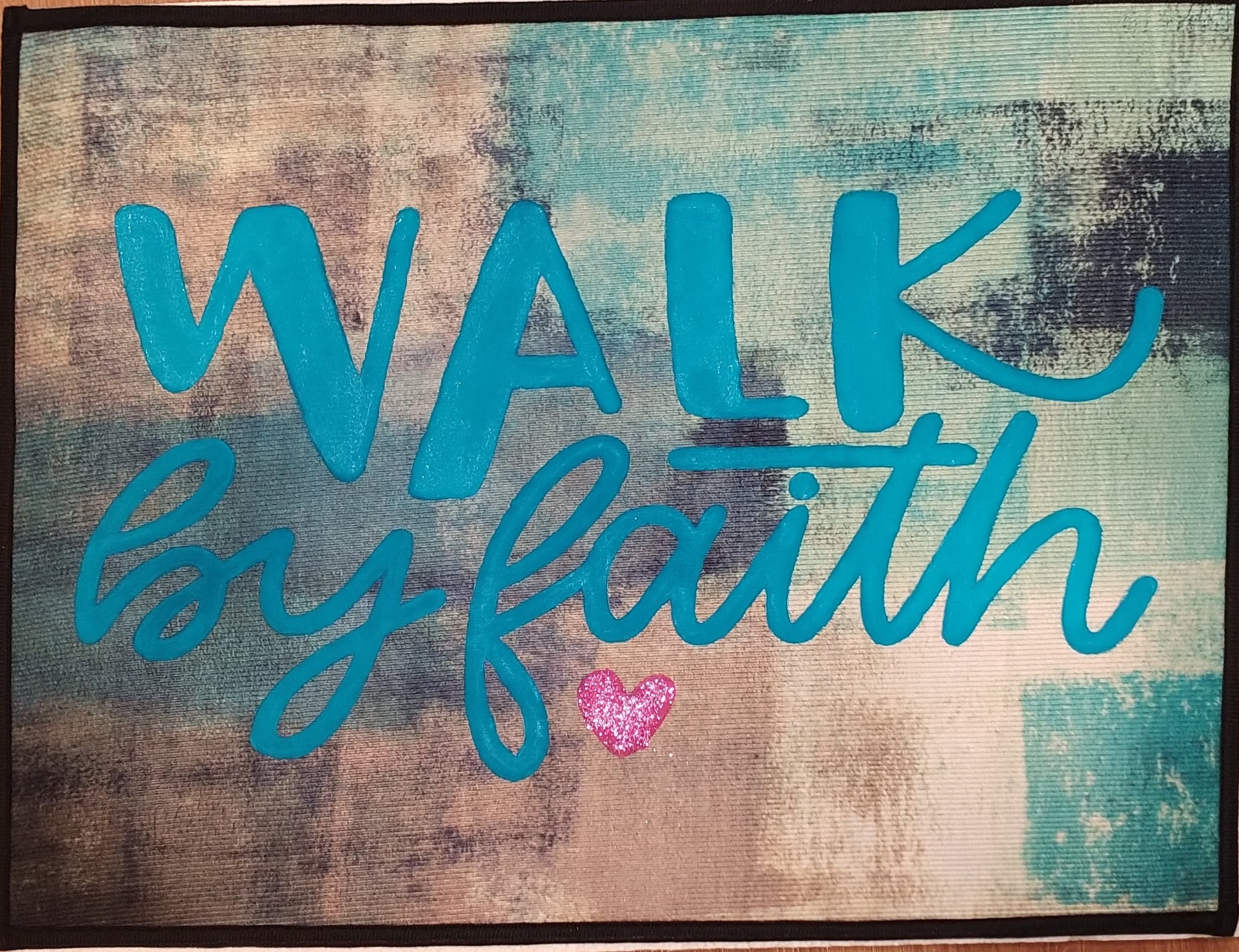 Text 'Walk by faith' with a heart symbol on a textured background